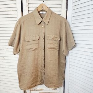 Vintage 90s Marks & Spencer Khaki Linen Short Sleeve Safari Blouse Small/Medium